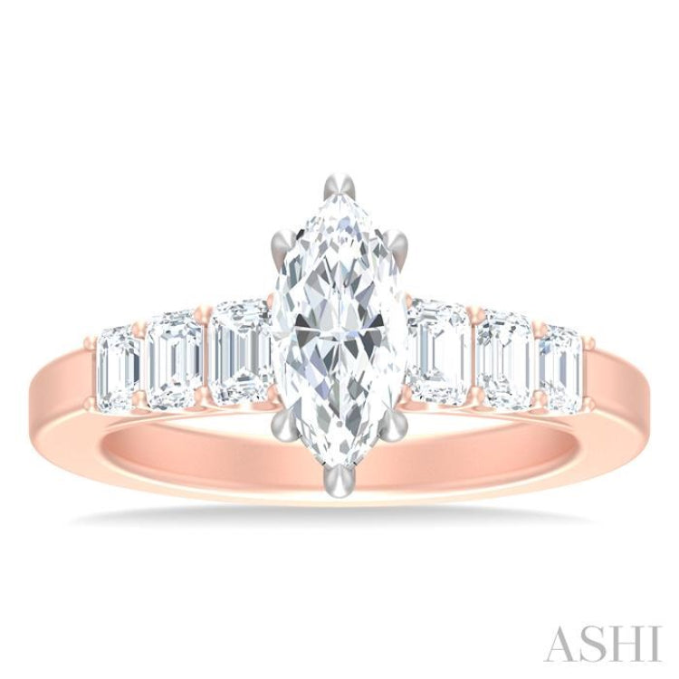 1 ctw Marquise Shape Emerald and Round Cut Diamond Semi Mount Engagement Ring in 14K Rose and White Gold