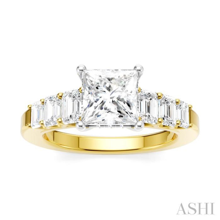 1 Ctw Princess Shape Emerald and Round Cut Diamond Semi-Mount Engagement Ring in 14K Yellow and White Gold