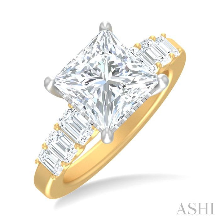 1 1/4 ctw Princess Shape Emerald and Round Cut Diamond Semi Mount Engagement Ring in 14K Yellow and White Gold