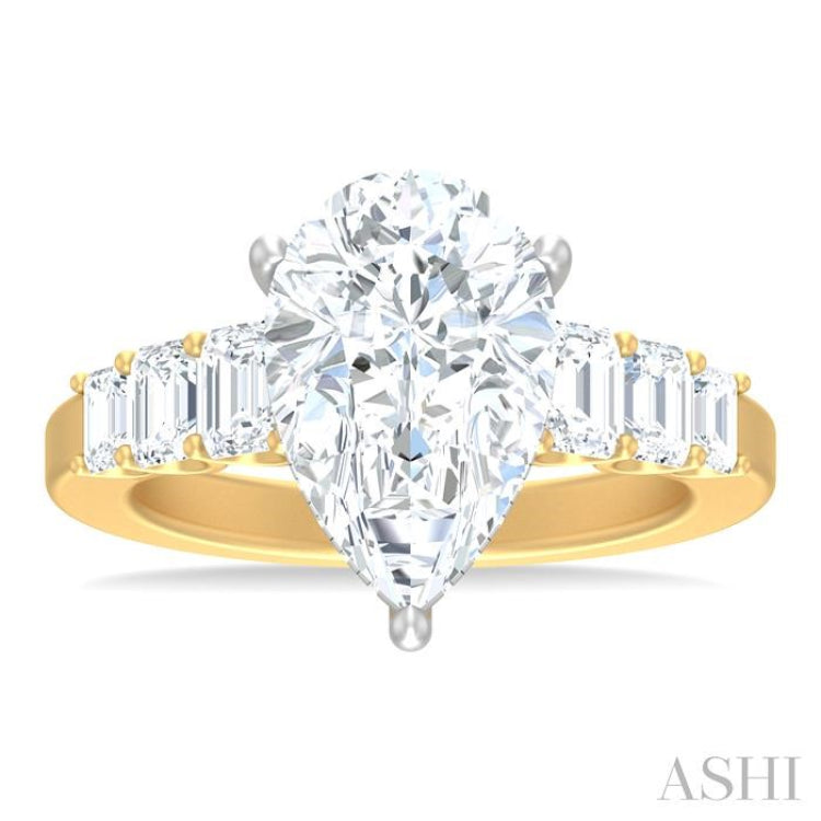 1 1/4 ctw Pear Shape Emerald and Round Cut Diamond Semi Mount Engagement Ring in 14K Yellow and White Gold