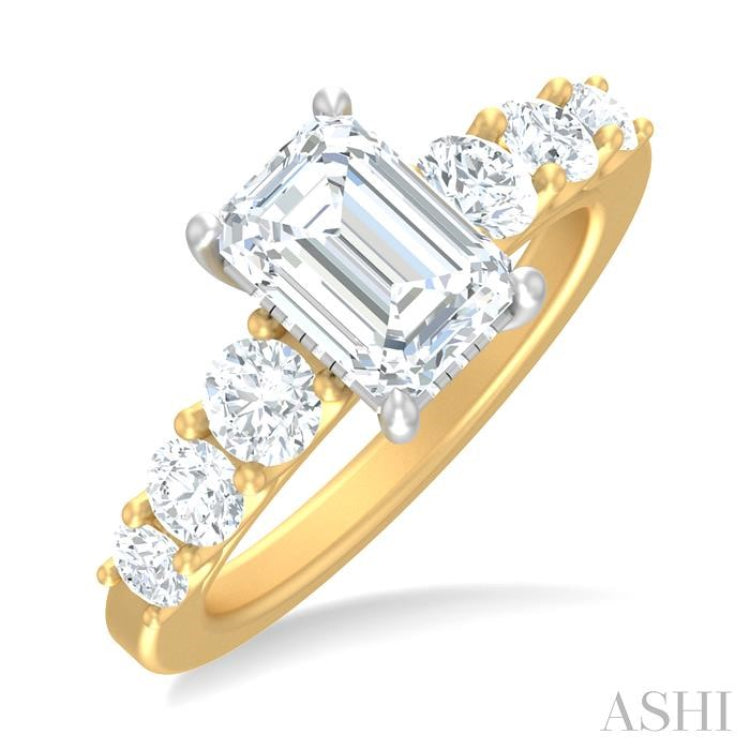 1 1/10 ctw Emerald Shape Round Cut Diamond Semi Mount Engagement Ring in 14K Yellow and White Gold