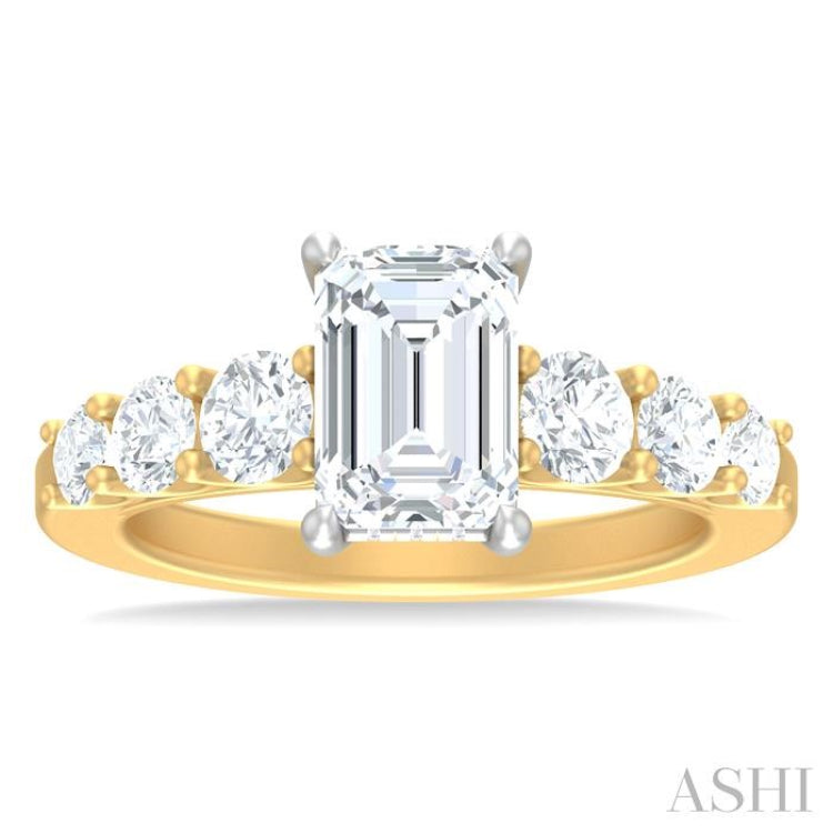 1 1/10 ctw Emerald Shape Round Cut Diamond Semi Mount Engagement Ring in 14K Yellow and White Gold