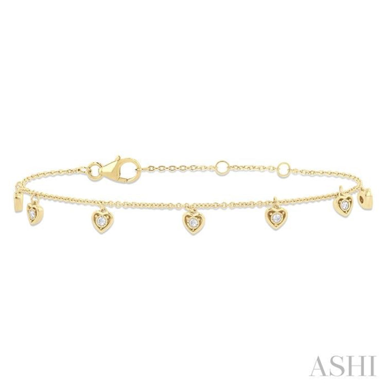 1/10 ctw Hanging Heart Motif Round Cut Diamond Station Bracelet in 10K Yellow Gold