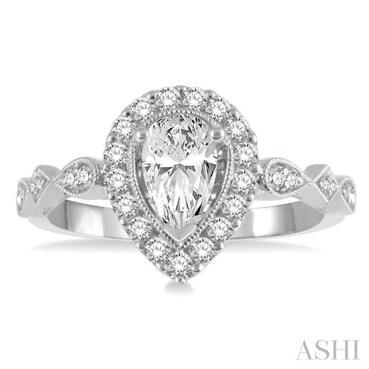3/4 ctw Carved Shank Round Cut Diamond Engagement Ring With 3/8 ct Pear Cut Center Stone in 14K Yellow and White Gold