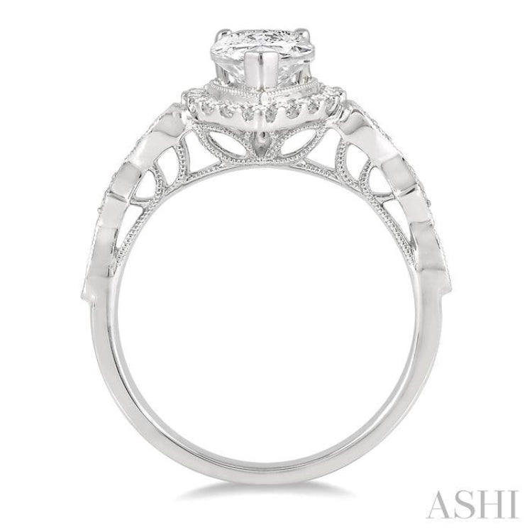 3/4 ctw Carved Shank Round Cut Diamond Engagement Ring With 3/8 ct Pear Cut Center Stone in 14K Yellow and White Gold