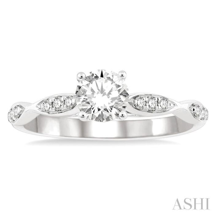 1/2 Ctw Marquise-Carved Shank Engagement Ring With 1/3 Ct Round Cut Diamond Center Stone in 14K White Gold