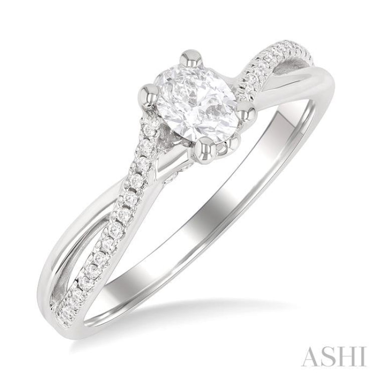 1/2 ctw Split Criss Cross Shank Round Cut Diamond Engagement Ring With 1/3 ct Oval Cut Diamond Center Stone in 14K White Gold