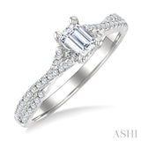 1/4 Ctw Split Crisscross Shank Emerald Shape Round Cut Diamond Semi-Mount Engagement Ring in 14K White Gold