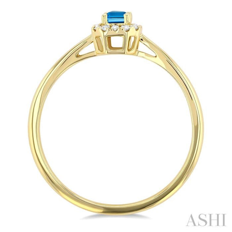 5x3 MM Octagonal Shape Blue Topaz and 1/20 ctw Single Cut Diamond Halo Semi Precious Ring in 14K Yellow Gold