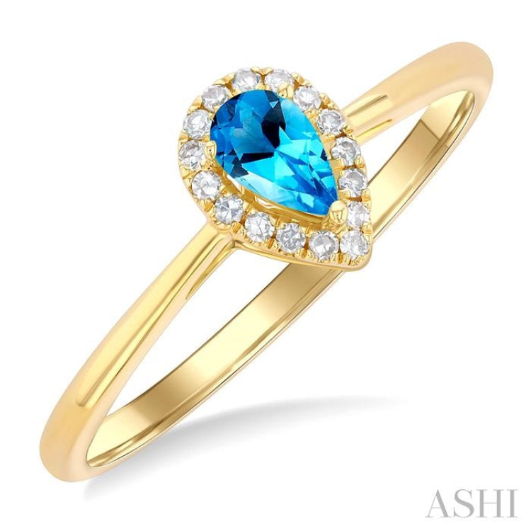 5x3 MM Pear Shape Blue Topaz and 1/20 ctw Single Cut Diamond Halo Semi Precious Ring in 14K Yellow Gold