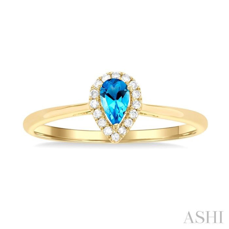 5x3 MM Pear Shape Blue Topaz and 1/20 ctw Single Cut Diamond Halo Semi Precious Ring in 14K Yellow Gold