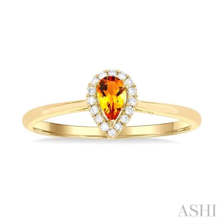 5x3 MM Pear Shape Citrine and 1/20 ctw Single Cut Diamond Halo Semi Precious Ring in 14K Yellow Gold