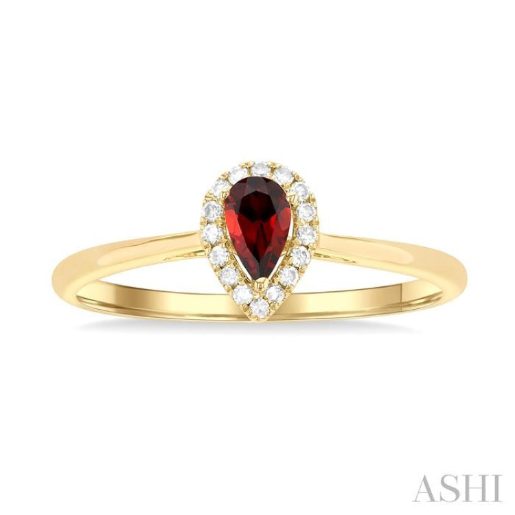 5x3 MM Pear Shape Garnet and 1/20 ctw Single Cut Diamond Halo Semi Precious Ring in 14K Yellow Gold