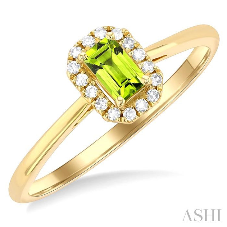 5x3 MM Octagonal Shape Peridot and 1/20 ctw Single Cut Diamond Halo Semi Precious Ring in 14K Yellow Gold