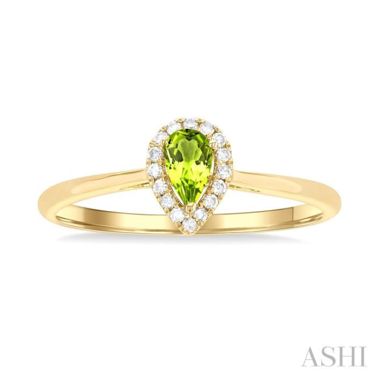 5x3 MM Pear Shape Peridot and 1/20 ctw Single Cut Diamond Halo Semi Precious Ring in 14K Yellow Gold