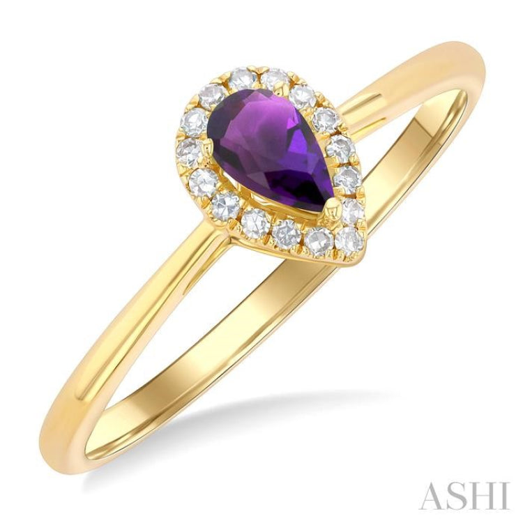 5x3 MM Pear Shape Amethyst and 1/20 ctw Single Cut Diamond Halo Semi Precious Ring in 10K Yellow Gold