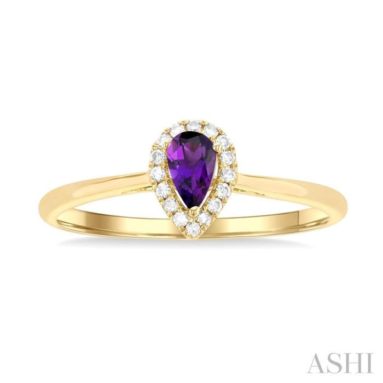 5x3 MM Pear Shape Amethyst and 1/20 ctw Single Cut Diamond Halo Semi Precious Ring in 10K Yellow Gold