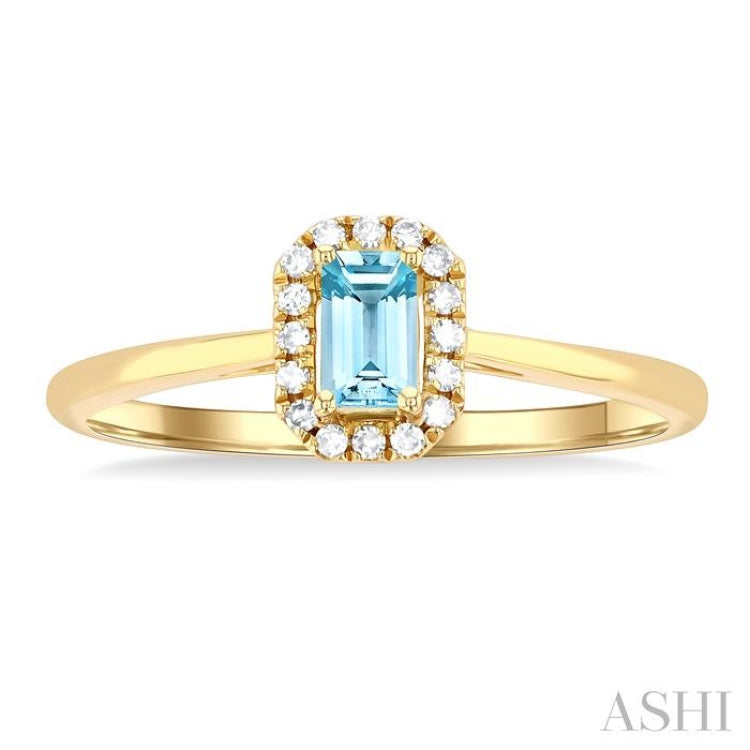 5x3 MM Octagonal Shape Aquamarine and 1/20 ctw Single Cut Diamond Halo Semi Precious Ring in 10K Yellow Gold