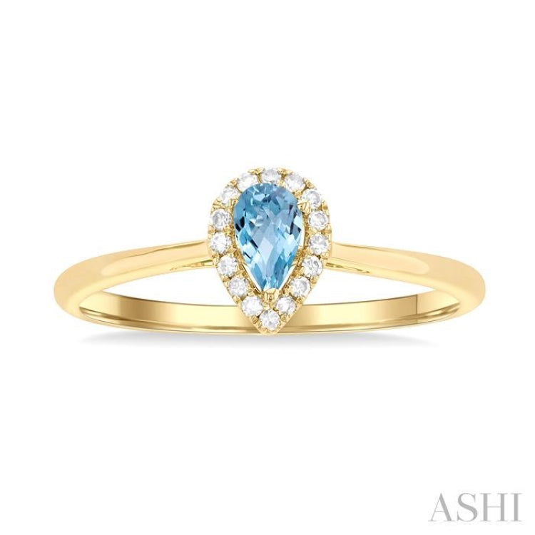 5x3 MM Pear Shape Aquamarine and 1/20 ctw Single Cut Diamond Halo Semi Precious Ring in 10K Yellow Gold