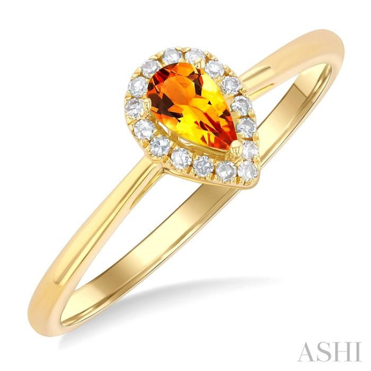 5x3 MM Pear Shape Citrine and 1/20 ctw Single Cut Diamond Halo Semi Precious Ring in 10K Yellow Gold