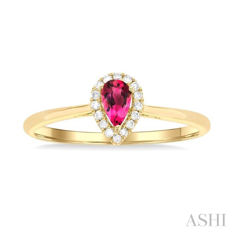 5x3 MM Pear Shape Pink Tourmaline and 1/20 ctw Single Cut Diamond Halo Semi Precious Ring in 10K Yellow Gold