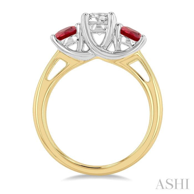 4.65 MM Round Shape Ruby and 3/4 ctw Past, Present and Future Round Cut Diamond Precious Ring in 14K Yellow and White Gold