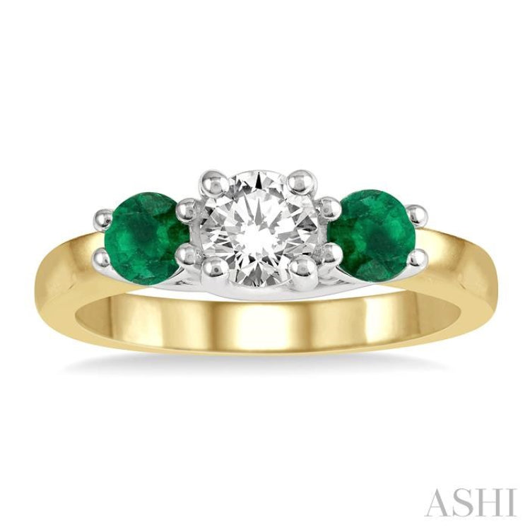 3.90 MM Round Shape Emerald and 1/2 ctw Past, Present and Future Round Cut Diamond Precious Ring in 14K Yellow and White Gold