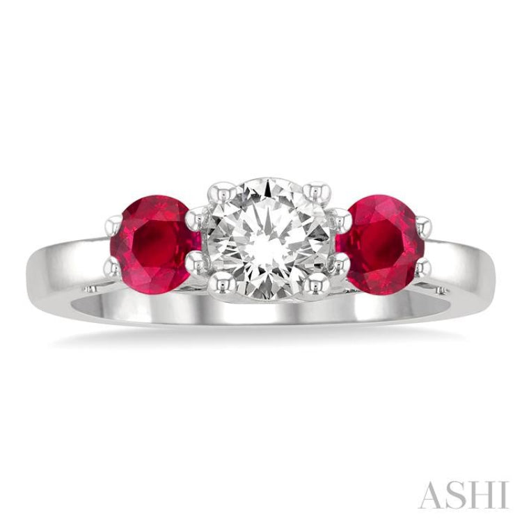 4.30 MM Round Cut Ruby and 5/8 ctw Past, Present and Future Round Cut Diamond Precious Ring in 14K White Gold