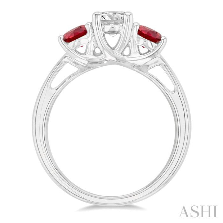 4.30 MM Round Cut Ruby and 5/8 ctw Past, Present and Future Round Cut Diamond Precious Ring in 14K White Gold