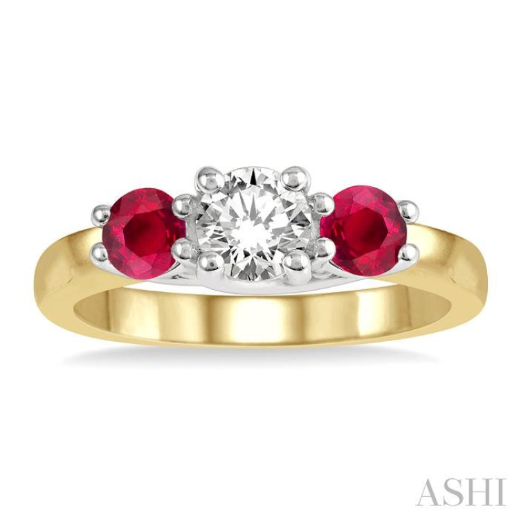 3.90 MM Round Shape Ruby and 1/2 ctw Past, Present and Future Round Cut Diamond Precious Ring in 14K Yellow and White Gold