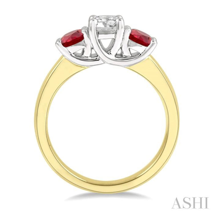 3.90 MM Round Shape Ruby and 1/2 ctw Past, Present and Future Round Cut Diamond Precious Ring in 14K Yellow and White Gold