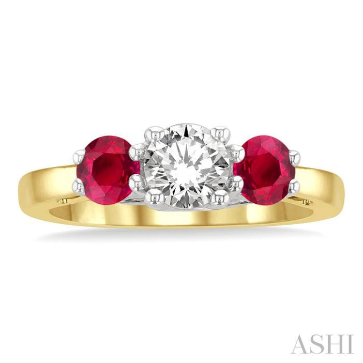 4.30 MM Round Shape Ruby and 5/8 ctw Past, Present and Future Round Cut Diamond Precious Ring in 14K Yellow and White Gold