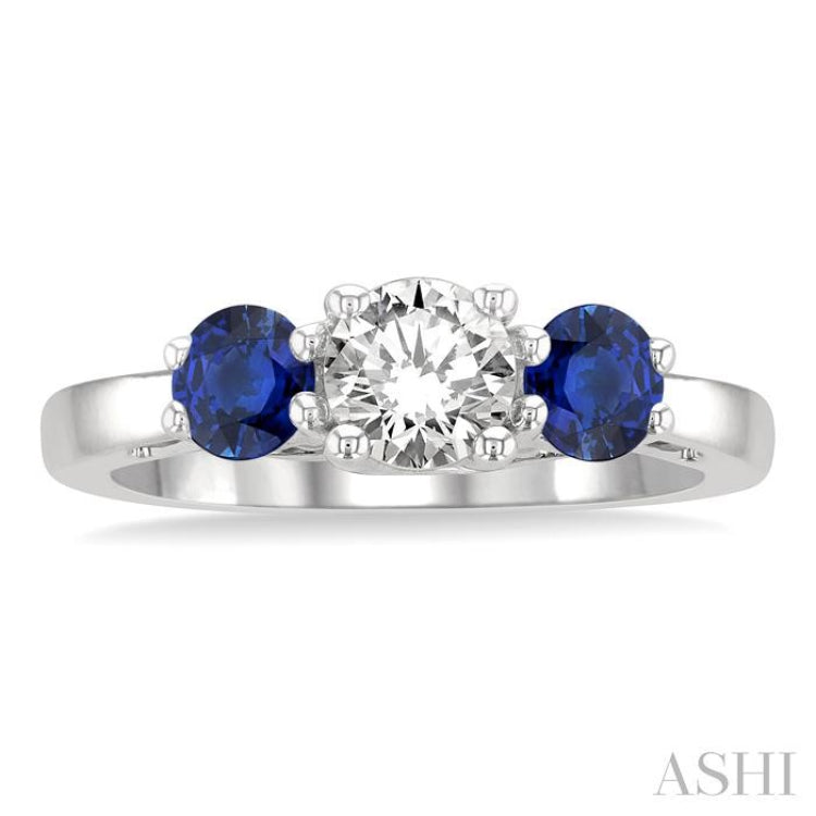 4.30 MM Round Shape Sapphire and 5/8 ctw Past, Present and Future Round Cut Diamond Precious Ring in 14K White Gold
