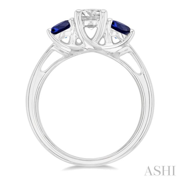 4.30 MM Round Shape Sapphire and 5/8 ctw Past, Present and Future Round Cut Diamond Precious Ring in 14K White Gold
