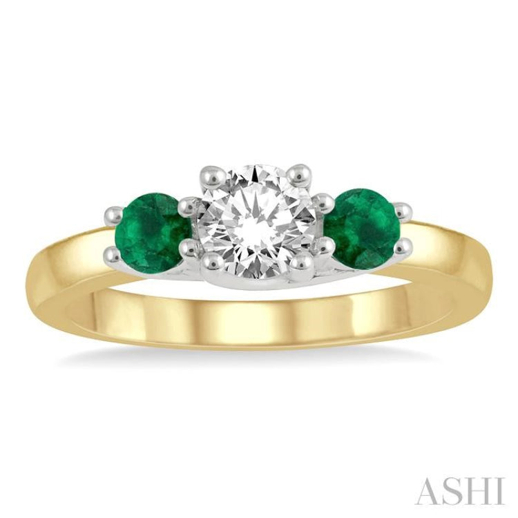 4.65 MM Round Shape Past, Present and Future Emerald and 3/4 ctw Round Cut Diamond Precious Ring in 14K Yellow and White Gold