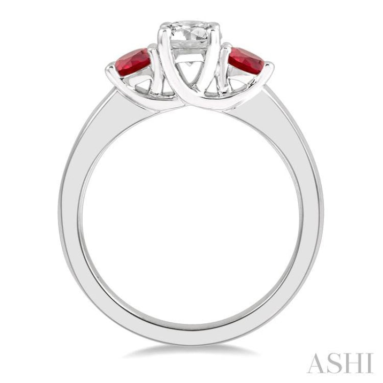 3.50 MM Round Cut Ruby and 3/8 ctw Past, Present and Future Round Cut Diamond Precious Ring in 14K White Gold