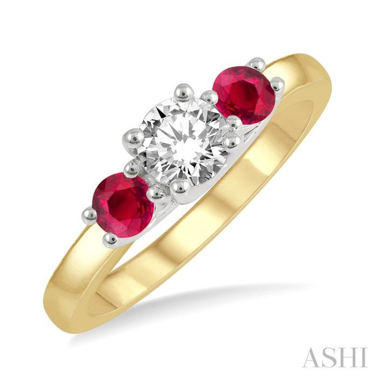 3.50 MM Round Shape Ruby and 3/8 ctw Past, Present and Future Round Cut Diamond Precious Ring in 14K Yellow and White Gold