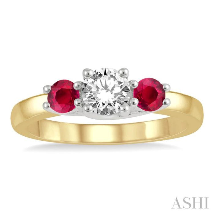 3.50 MM Round Shape Ruby and 3/8 ctw Past, Present and Future Round Cut Diamond Precious Ring in 14K Yellow and White Gold