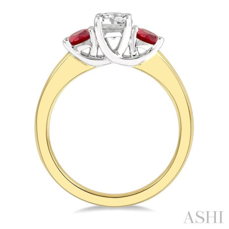 3.50 MM Round Shape Ruby and 3/8 ctw Past, Present and Future Round Cut Diamond Precious Ring in 14K Yellow and White Gold