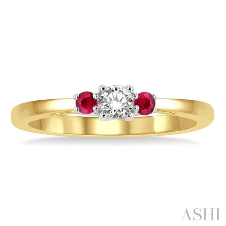 2.15 MM Round Shape Ruby and 1/6 ctw Past, Present and Future Round Cut Diamond Precious Ring in 14K Yellow and White Gold