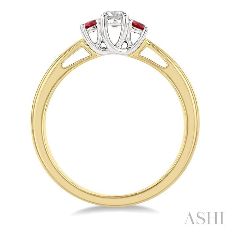 2.15 MM Round Shape Ruby and 1/6 ctw Past, Present and Future Round Cut Diamond Precious Ring in 14K Yellow and White Gold
