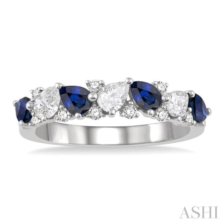 4x3 MM Pear Cut Sapphire & 1/2 ctw Pear and Round Cut Diamond Precious Band in 14K White Gold
