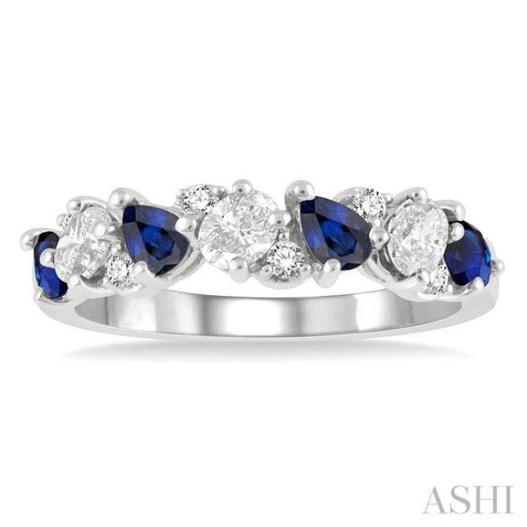 4x3 MM Pear Cut Sapphire & 1/2 ctw Oval and Round Cut Diamond Precious Band in 14K White Gold