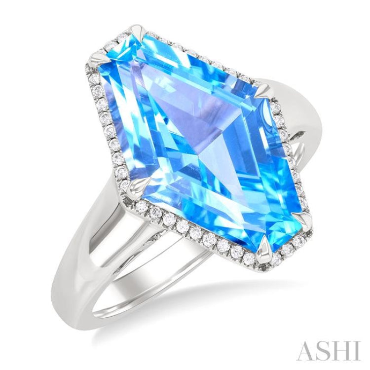 16x10 MM Hexagon Shape Blue Topaz and 1/10 ctw Round Cut Diamond Halo Semi Precious Ring in 14K White Gold