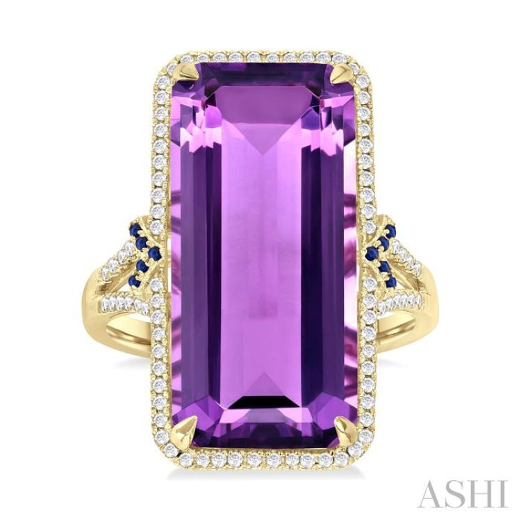 22x10 MM Emerald Cut Amethyst and 0.80 MM Round Sapphire & 1/4 ctw Round Cut Diamond Halo Precious & Semi-Precious Ring in 14K Yellow Gold