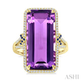 22X10 MM Evoque Gemstones Emerald Shape Amethyst and 0.80 MM Round Sapphire & 1/4 Ctw Round Cut Diamond Halo Semi-Precious Ring in 14K Yellow Gold