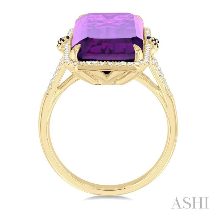 22x10 MM Emerald Cut Amethyst and 0.80 MM Round Sapphire & 1/4 ctw Round Cut Diamond Halo Precious & Semi-Precious Ring in 14K Yellow Gold