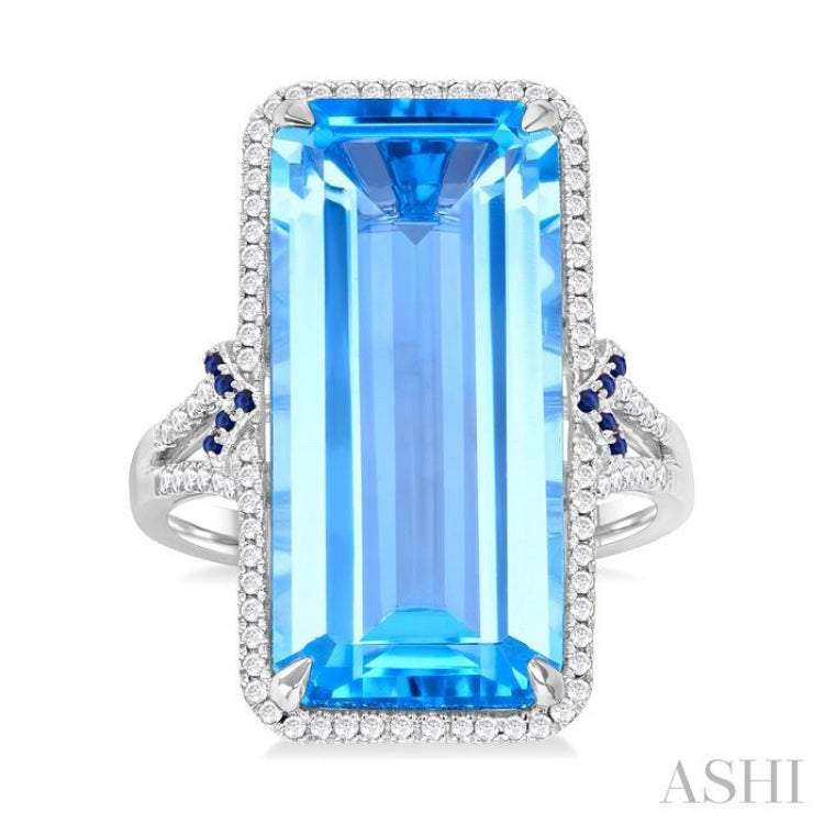22x10 MM Emerald Cut Blue Topaz and 0.80 MM Round Sapphire & 1/4 ctw Round Cut Diamond Halo Precious & Semi-Precious Ring in 14K White Gold
