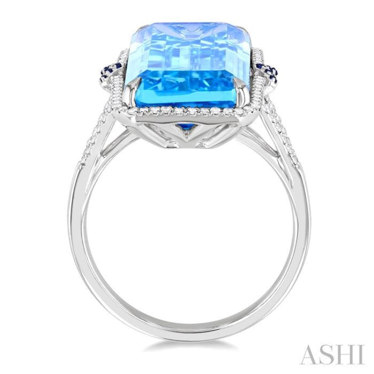 22x10 MM Emerald Cut Blue Topaz and 0.80 MM Round Sapphire & 1/4 ctw Round Cut Diamond Halo Precious & Semi-Precious Ring in 14K White Gold