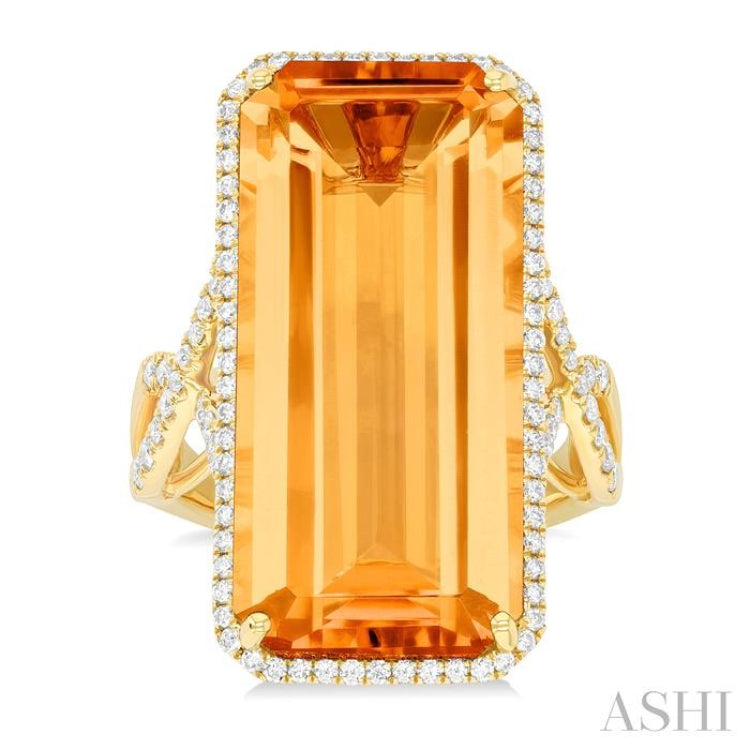 26x12 MM Emerald Cut Citrine and 1/2 ctw Round Cut Diamond Halo Semi Precious Ring in 14K Yellow Gold